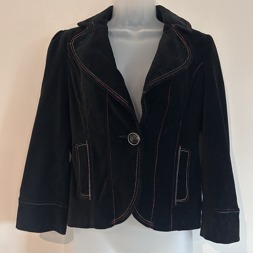 XOXO Jeans Velvet Jacket Sz M Gothic Black Grunge Button Pockets Lined FLAW
